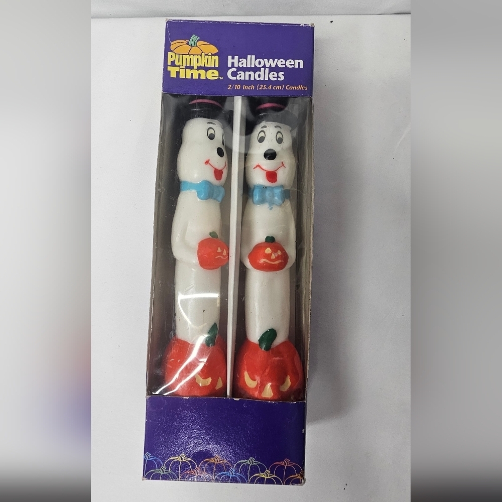 Vintage Pumpkin Time Ghost Halloween Candles Kmart 10” Taper Pair NOS